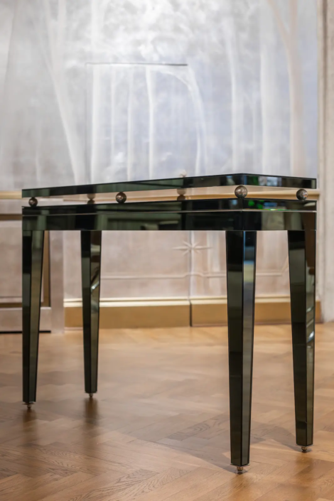 Fabio Mazzeo <br> Paris Console – Mirror Finishing <br> 2011 <br> Edition of 5 <br> Multi-layer fir wood base plated with MDF; Colored mirror coating: AISI 304 steel balls <br> 118 x 38 x 92cm