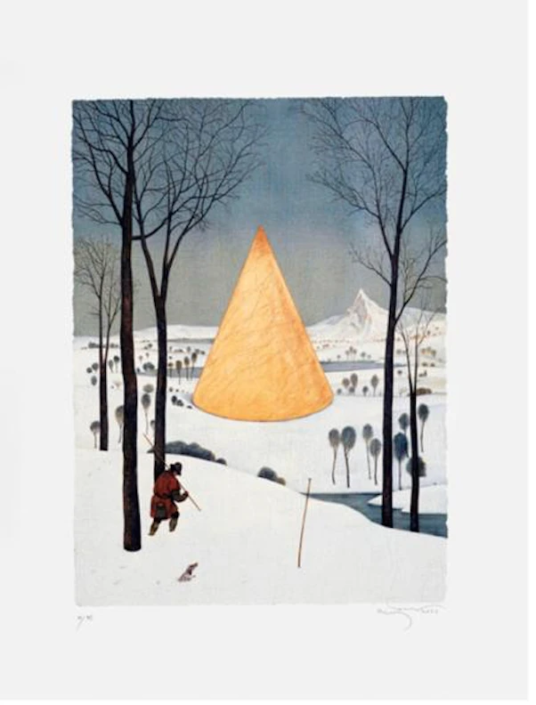 Aydin Aghdashloo <br> Enigma XV: In Praise of Pieter Bruegel, 2013 <br> Printed in 2021 <br> Hand-pulled eight-layer silk screen print on Arches 300gsm <br> 76 x 56 cm <br> Limited edition of 35