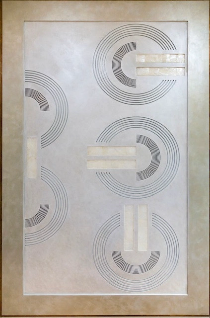 Fabio Mazzeo <br> Paris Panel 2 <br> 2009 <br> Hand-milled multi-layer fir wood with a solid MDF frame. Finished with a pigmented stucco base coat and decorated with patinated bronze leaf, metallic powder, and mother-of-pearl inlays. <br> 95 X 150 CM